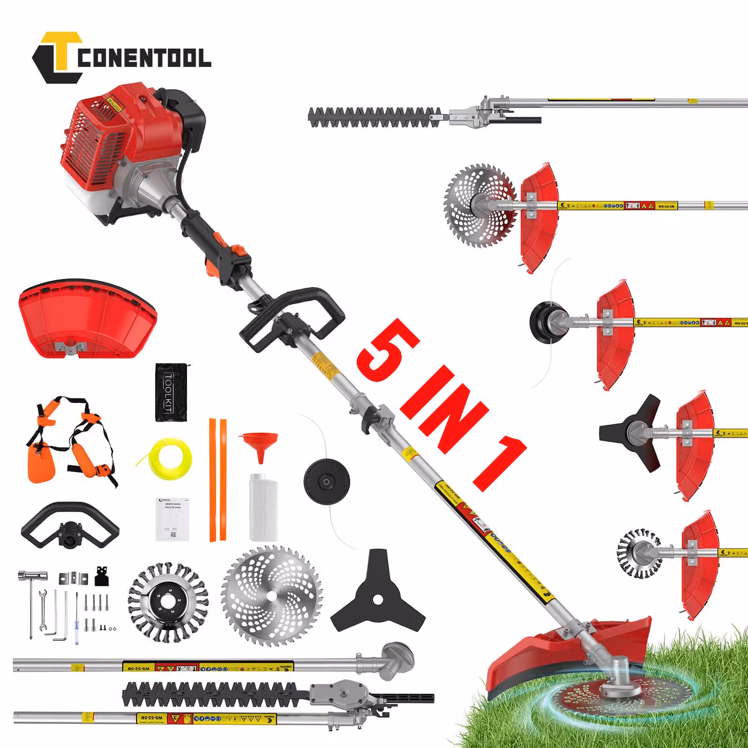 Tagliasiepi a benzina 6 IN 1 - Motore 52cc - Potenza 2500 W - Attrezzo multifunzione per il giardino