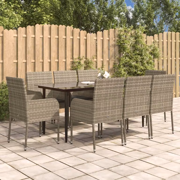 vidaXL Set da Pranzo da Giardino 9 Pezzi in Polyrattan con Cuscini Nero e Grigio e Tavolo in Legno di Acacia
