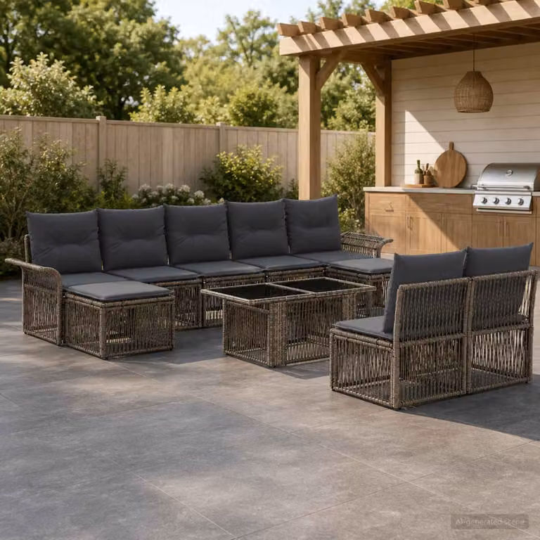 Set Divano da Giardino vidaXL 10 Pezzi in Polyrattan Grigio e Antracite con Cuscini e Tavolino