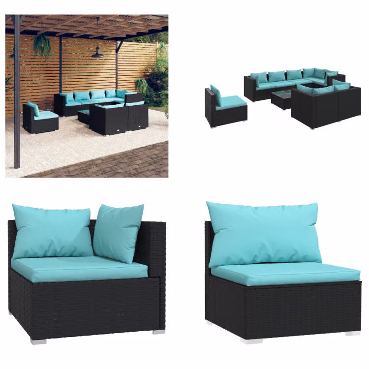 vidaXL 9 pezzi set salotto da giardino con cuscini in rattan nero - Set salotto da giardino - Set salotto da giardino - Set salotto da terrazza - Set divano da giardino