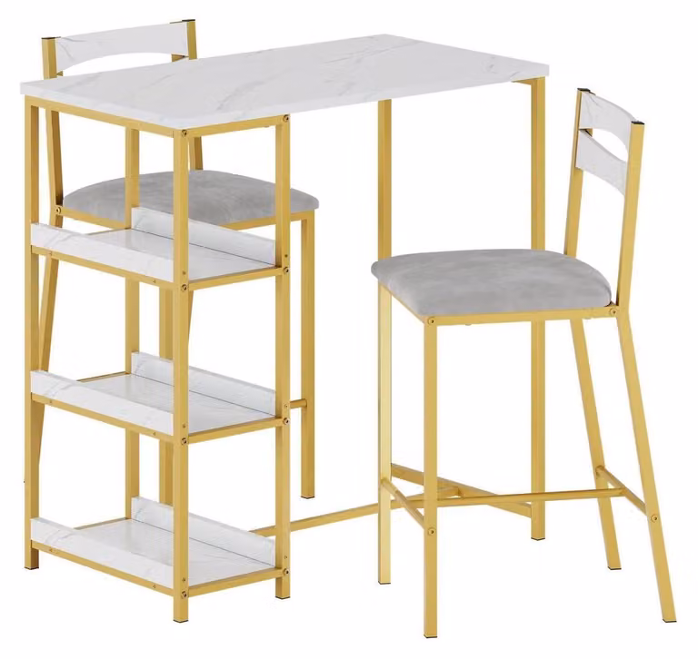 Set tavolo da pranzo per 2 persone con 3 ripiani contenitori, tavolo da cucina e 2 sedie imbottite, colore bianco marmo
