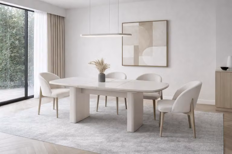 Set da pranzo elegante, bianco, con un grande tavolo e 4 sedie. Arredamento per sala da pranzo