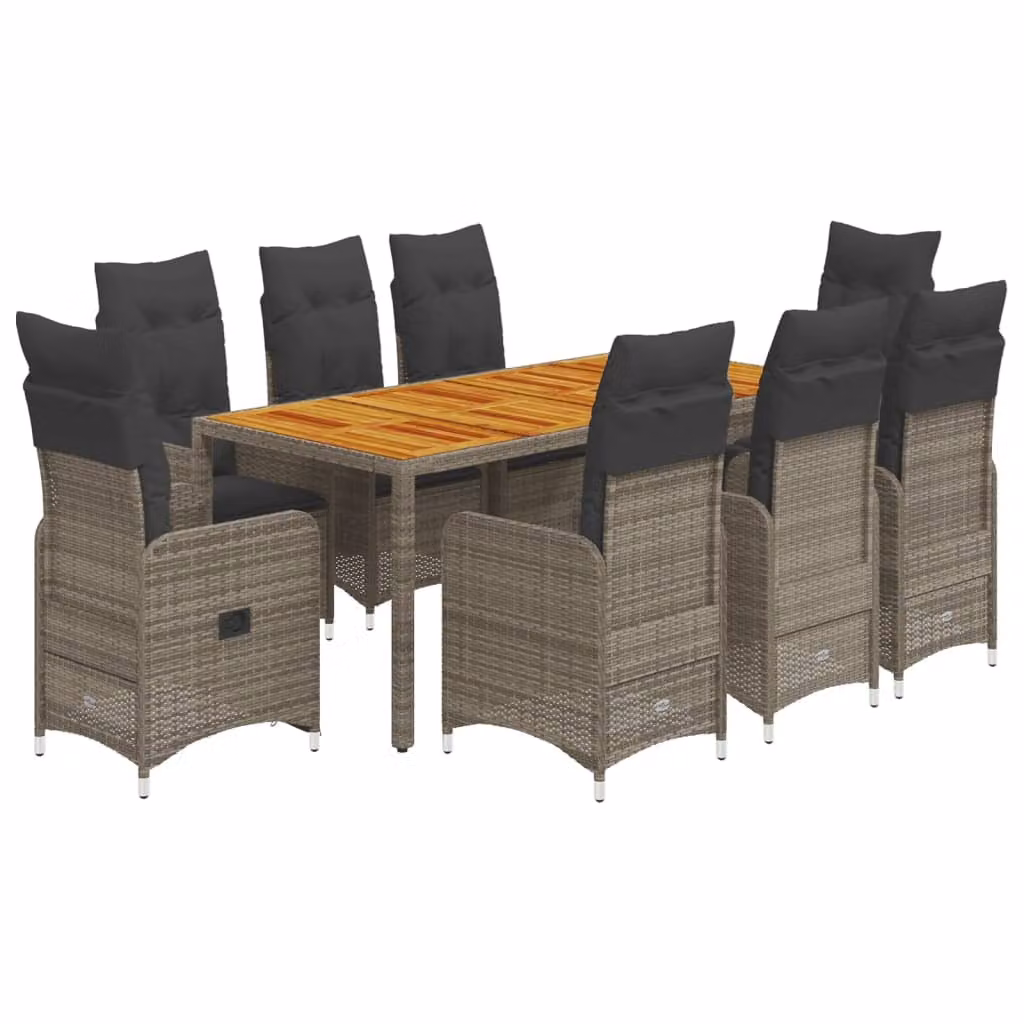Set Bistrò da Giardino 9 pz con Cuscini in Polyrattan Grigio