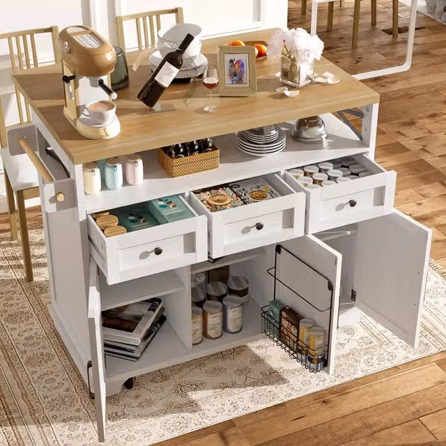 Isola cucina WISHDOR con piano pieghevole in MDF e metallo, bianco, L/P/H: 118 x 43 x 98 cm