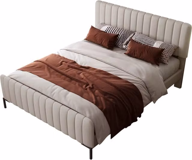 Letto Matrimoniale 140x200 Imbottito in Lino con Testiera Regolabile; Rete a Doghe Inclusa; Grigio Beige