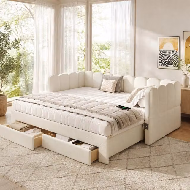 Letto da giorno estraibile 90x190/180x190 cm con 2 cassetti e USB-C in lino beige