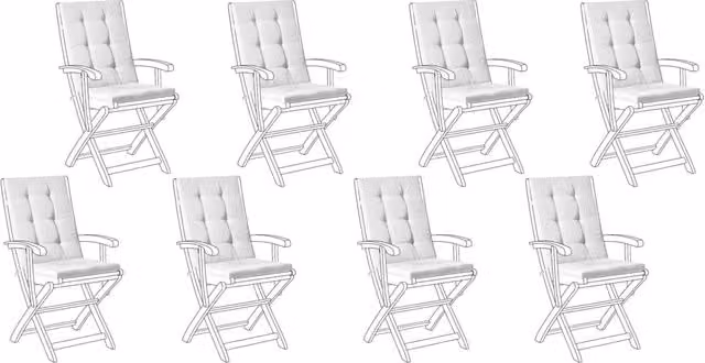 Set di 8 cuscini Beliani per sedute e schienale da esterno, colore bianco, in poliestere idrorepellente e resistente ai raggi UV con lacci di fissaggio