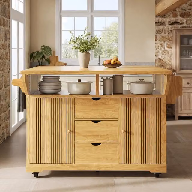 Carrello da cucina con 3 cassetti, ripiani regolabili e piani laterali ribaltabili, in MDF marrone naturale
