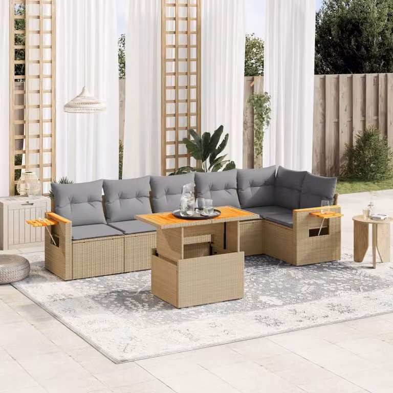 vidaXL Set Divani da Giardino 7 pz in Polyrattan con Cuscini Beige e Tavolino da Esterno