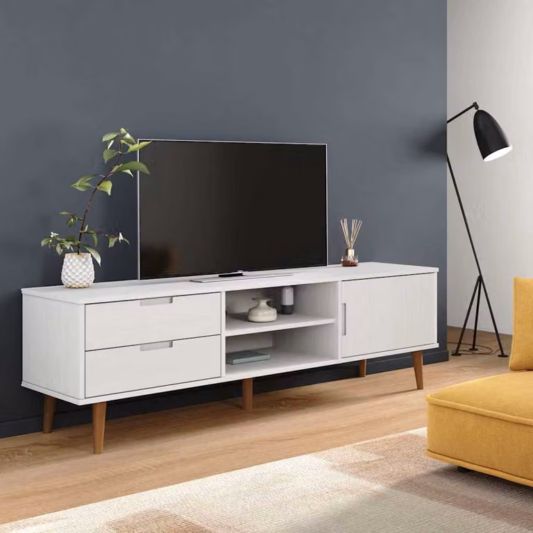 Mobile TV vidaXL MOLDE Bianca in Legno Massello di Pino, L: 158 cm, P: 40 cm, H: 49 cm