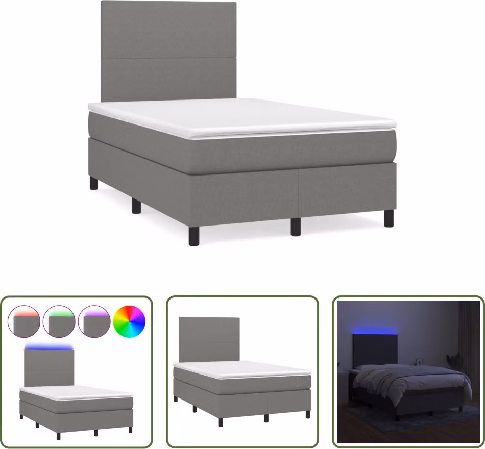 The Living Store Letto a molle con materasso e LED in tessuto grigio scuro 120x190 cm