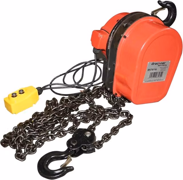 Paranco elettrico Breckner Germany in acciaio con catena da 3 m e gancio di sicurezza, portata massima 3000 kg, colore rosso