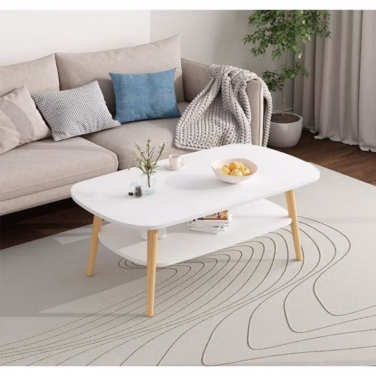 Tavolino da divano, doppio strato, forma ovale, colore bianco, materiale: legno di pino, dimensioni: 100x50x45 cm