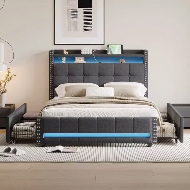 Letto imbottito 140x200 cm - Xylo - LED, USB, 4 cassetti grigio