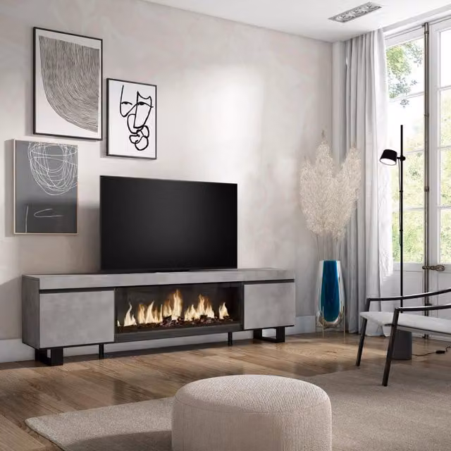 Mobile TV, Soggiorno, 208x35x57cm, Per TV fino a 80", Camino elettrico XXL, Design industriale, grigio cemento RF3211