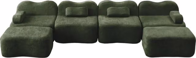 Divano modulare angolare a U da 4 posti in velluto verde con pouf coordinato e design moderno