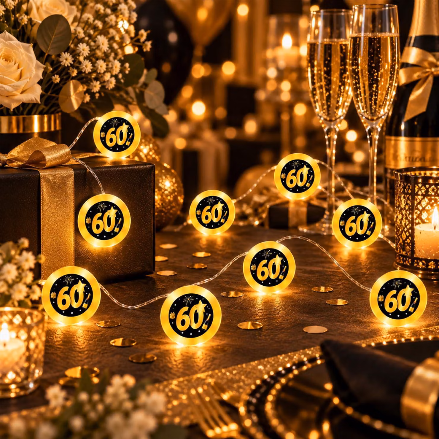 Catena luminosa da 2 metri, con 20 LED, luce bianco caldo, ideale per il 60° compleanno