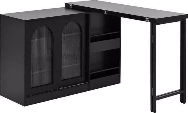 Tavolo Bar Estensibile 360° con Mobile Contenitore 121;5x40x76;7 cm; Ante in Vetro Rigato; Isola Cucina e Bar Caffè Nero