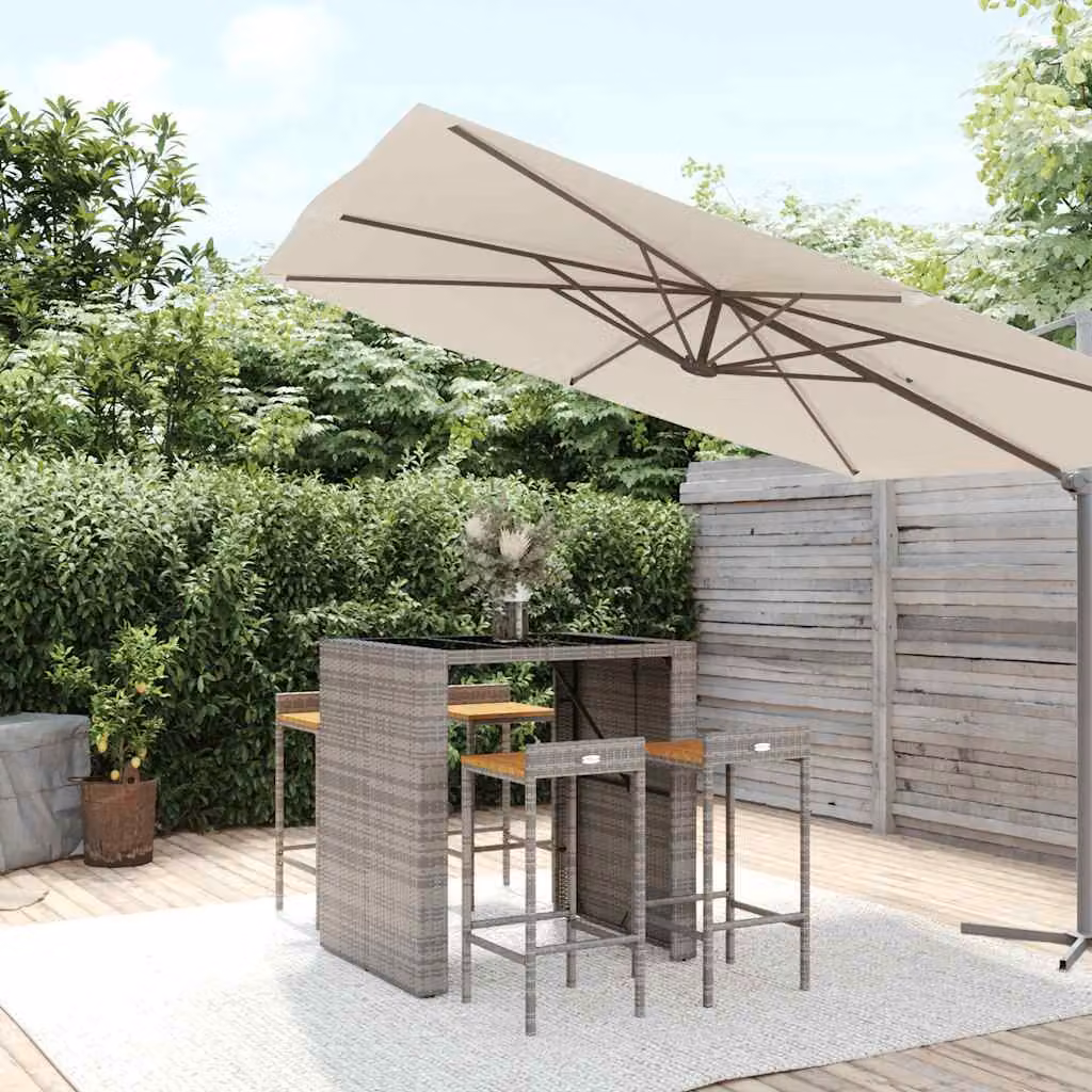 vidaXL Set Bar da Giardino 5 Pezzi in Polyrattan Grigio e Legno di Acacia con Piano in Vetro
