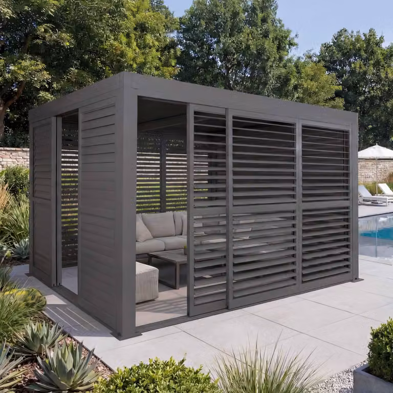 Pergola in alluminio HWC-L46, tetto a padiglione, 6x pannelli a doghe 6x porte scorrevoli, telaio 11cm, 3x3m ~ antracite