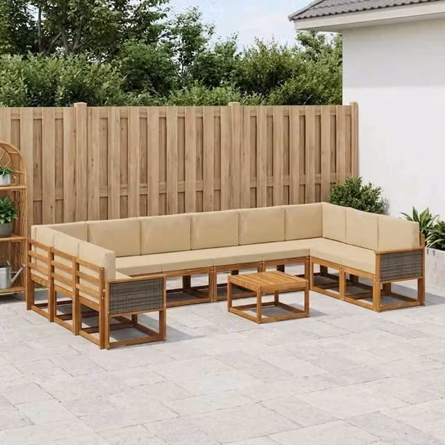 Set di divani da esterno vidaXL a forma di U composto da 11 pezzi in legno di acacia con cuscini beige e marrone e tavolino da giardino incluso – 1