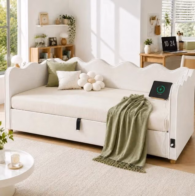 Letto da giorno ULEVR 90x200 cm con contenitore idraulico, USB e Type-C, velluto beige