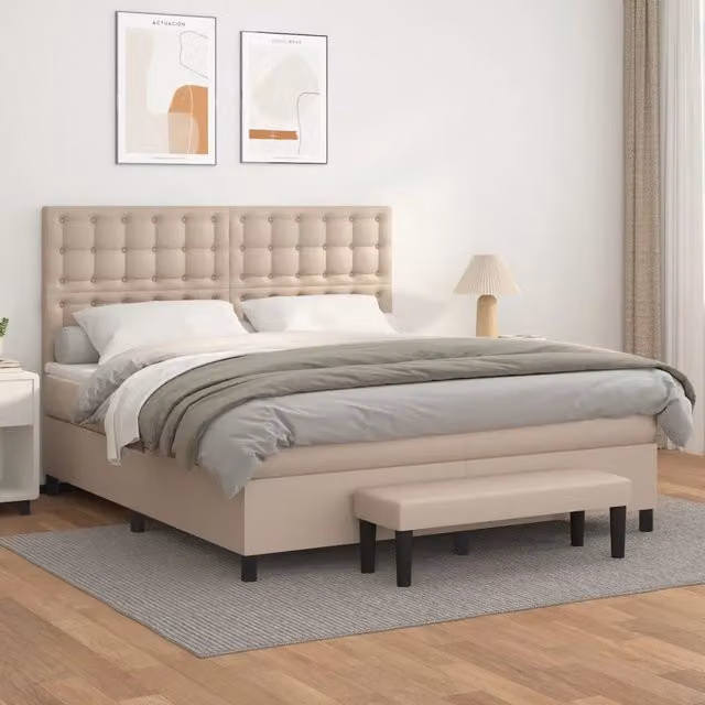 Letto con Giroletto a Molle e Materasso Ibrido vidaXL in Similpelle Beige, L 180 x P 200 x H 203 cm