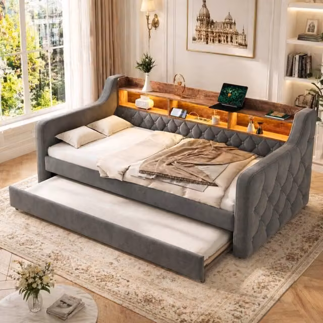 sofa letto in velluto grigio scuro 107 x 201 cm