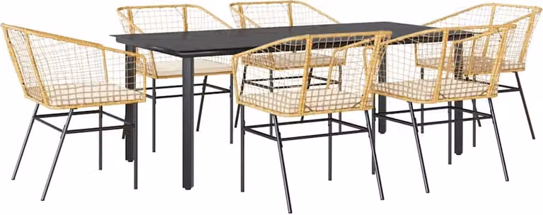 Set Pranzo da Giardino 7pz con Cuscini Marrone Polyrattan Vetro