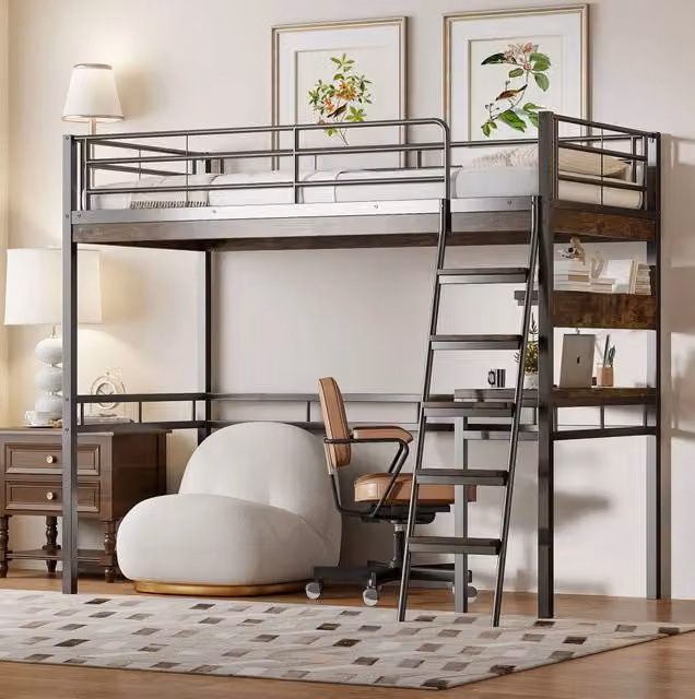 Letto a soppalco 90x200 cm con scrivania e ripiani; struttura in metallo nero