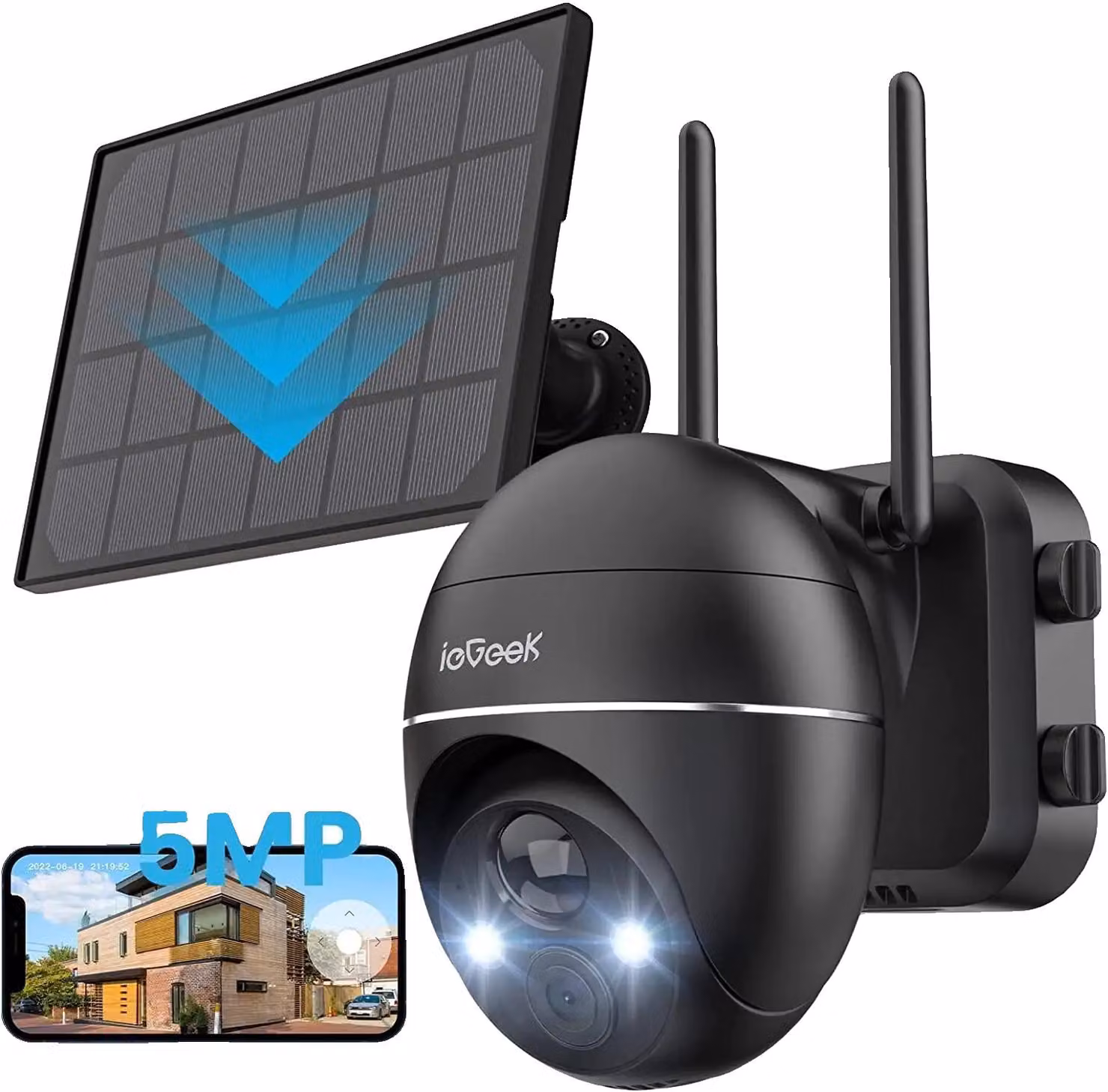 Telecamera di sicurezza, risoluzione 5MP, alimentazione a energia solare, colore nero