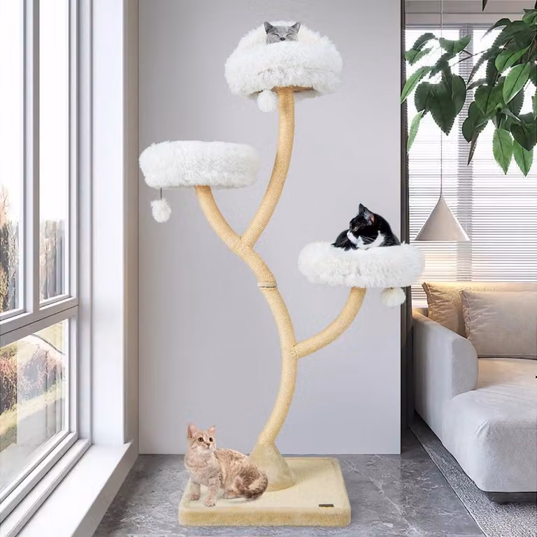 Tiragraffi per gatti da 178 cm con tiragraffi in sisal, 3 superfici calde e palline di peluche beige