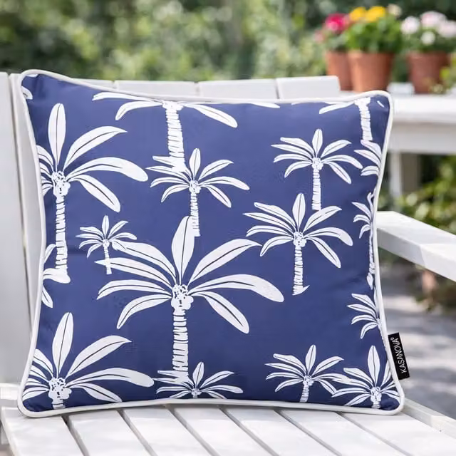 Cuscino arredo quadrato KASANOVA con motivo floreale palme blu, idrorepellente, L 40 cm x P 40 cm x H 40 cm