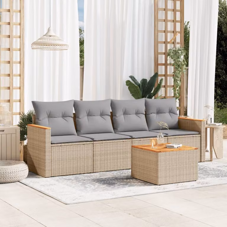 vidaXL Set Divano da Giardino 5 pz Moderno con Cuscini Beige e Grigio e Tavolino in Legno di Acacia