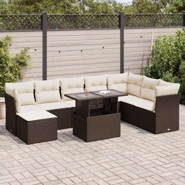 Set Divani da Giardino 9pz con Cuscini Marrone in Polyrattan 3326214