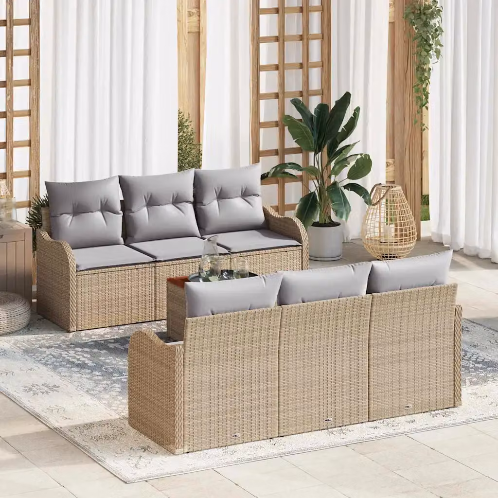 Set Divano da Giardino 7 pz vidaXL in Polyrattan Beige con Cuscini e Tavolino da Esterno
