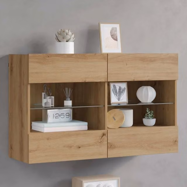 Credenza TV sospesa in legno Rovere marrone con illuminazione integrata e design minimalista L: 98,5 cm, P: 30 cm, H: 60,5 cm – 1