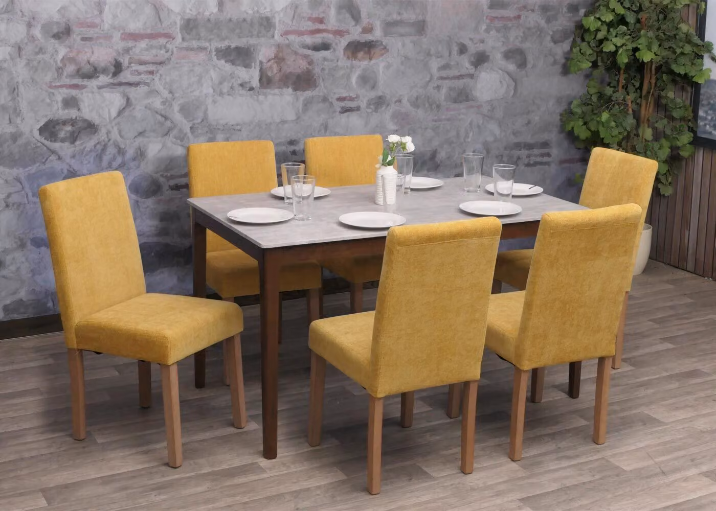 set di 6 sedie da pranzo Littau, sedia da cucina con schienale alto, tessuto/Vetroceramica legno ~ giallo, gambe color naturale