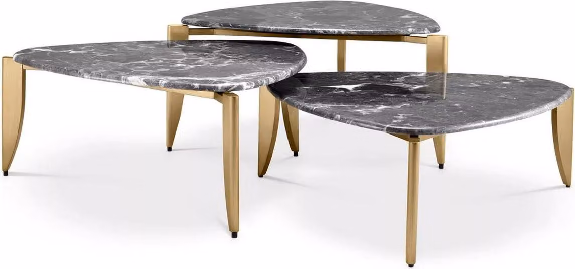 Casa Padrino set di 3 tavolini in ottone/grigio - Tavoli da salotto in ottone con piano in marmo - Mobili da salotto - Mobili per hotel - Qualità lusso