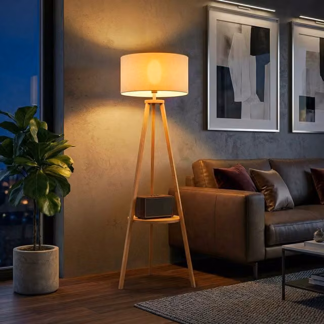 Lampada da terra Zephmum con struttura in legno naturale, paralume in tela beige e ripiano integrato, L/P/H: 50 x 50 x 154 cm – 1