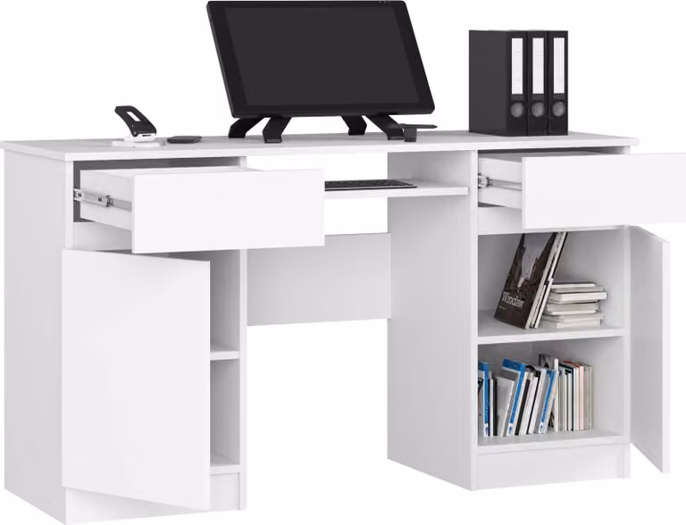 Scrivania da 135 cm con 2 ante, 2 cassetti, piano per computer, ripiano estraibile per tastiera e 5 scomparti