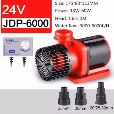 Pompa per circolazione dell'acqua - Modello JDP-6000, pompa sommergibile con inverter - Portata regolabile - Alimentazione sicura a 24V DC - Adattatore di rete EU da 110–240V - Adatta per acquari e stagni