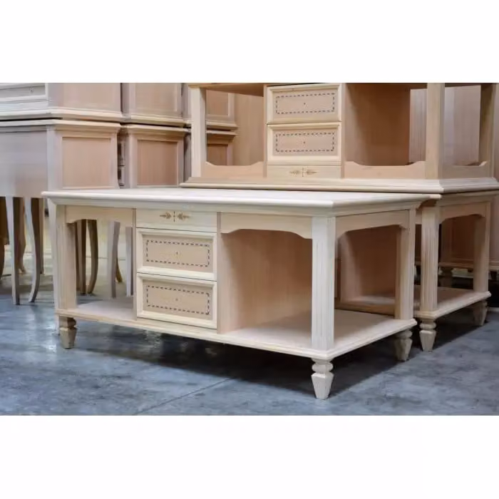 Tavolino classico con 2 cassetti in legno grezzo Mobili 2G L/P/H: 115 x 65 x 55 cm