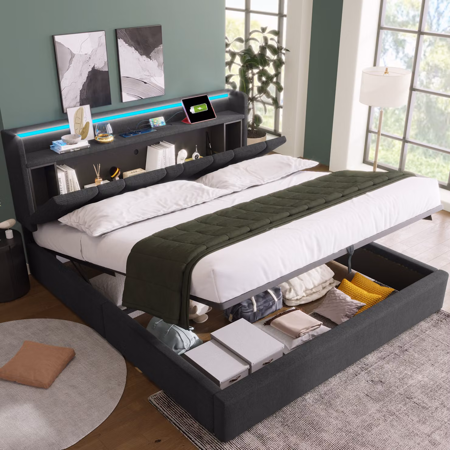Letto imbottito 140x200 cm, grigio, con rivestimento in lino, testiera contenitore, illuminazione LED, prese USB e prese di corrente, struttura letto per la camera da letto