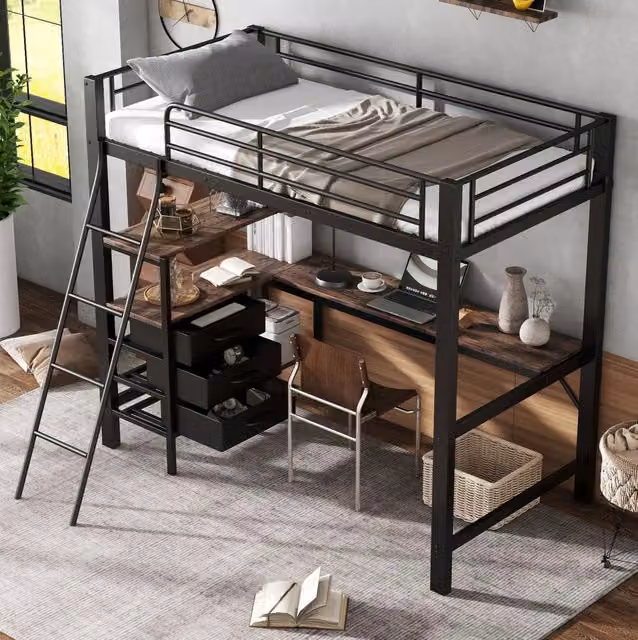 Letto a Castello in Ferro Nero con Scrivania da 2m, 3 Cassetti, 90x200 cm, Scala a 4 Gradini, Legno MDF Noce Scuro