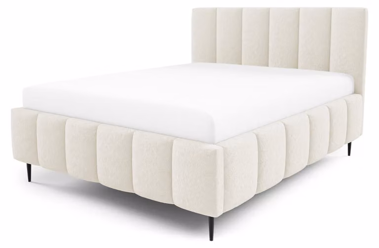Letto imbottito con contenitore integrato, modello Nerom, colore avorio, dimensioni 140 x 200 cm