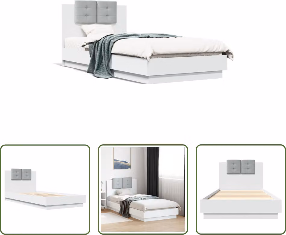 The Living Store Giroletto con testiera bianco 90x200 cm in materiale ligneo