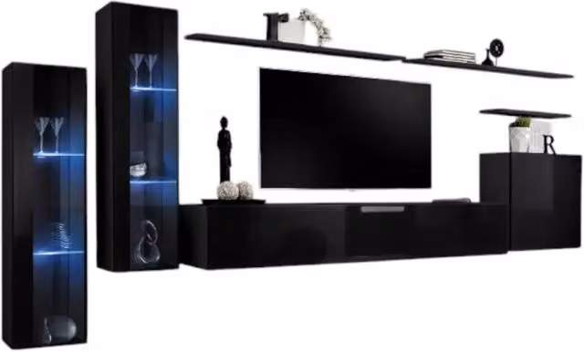 Composizione murale SWITCH XI mobile TV sospeso nero lucido 330 cm con LED