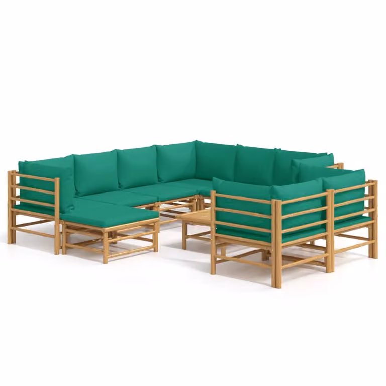 Set Salotto da Giardino 10pz con Cuscini Verdi Bambù