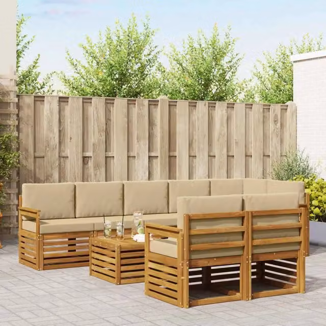 Set di divani da esterno a L vidaXL in legno di acacia con cuscini beige e marrone e tavolino da caffè – 1